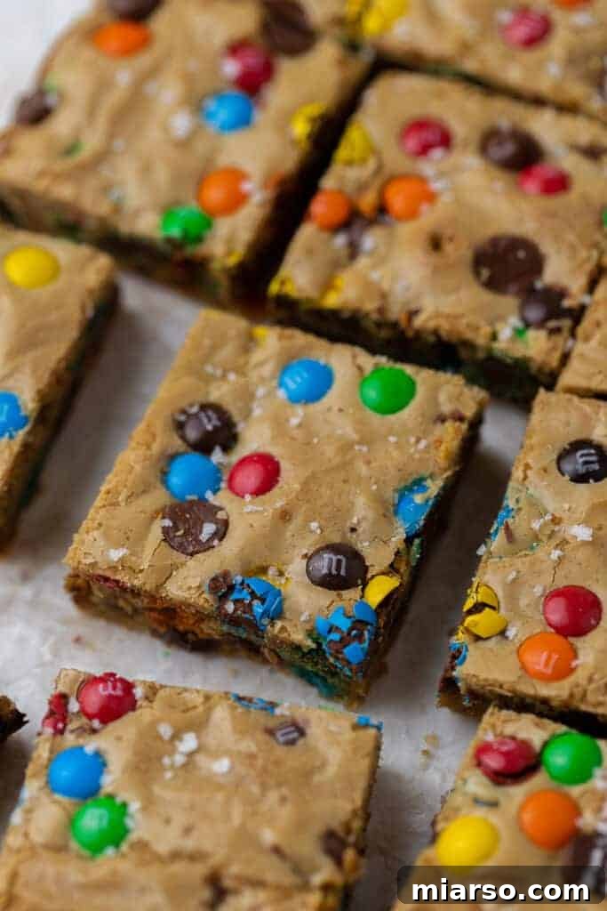 A delicious square of M&M chocolate chip blondie