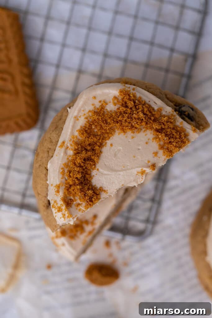 Crumbl Cookie Butter Cookie Crunch Ice Cream 3 A Crumbl cookie butter cookie cut in half, revealing its soft interior and generous layer of frosting