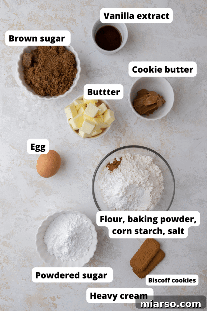 Crumbl Cookie Butter Cookie Crunch Ice Cream 4 Ingredients laid out for Crumbl cookie butter ice cream cookies, including butter, brown sugar, flour, cookie butter, and Biscoff cookies
