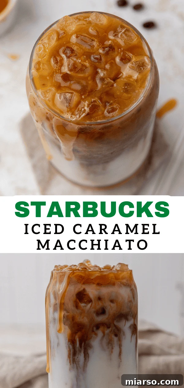 Starbucks Inspired Homemade Iced Caramel Macchiato 13 Starbucks caramel macchiato copycat recipe pin image for saving on Pinterest.