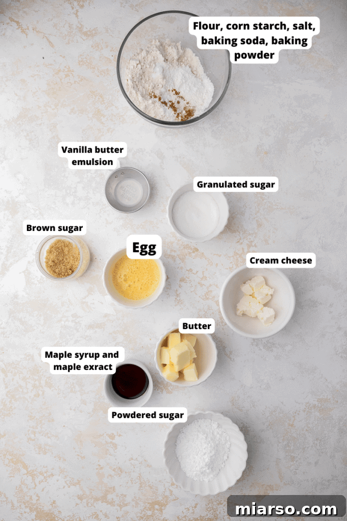 Ingredients for Crumbl Maple Cinnamon Roll Cookies displayed on a table