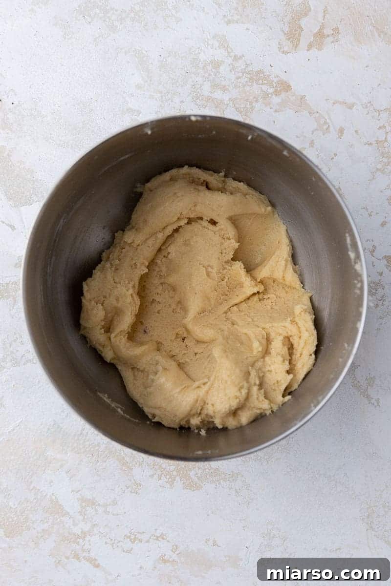 Cookie dough in mixing bowl ready for baking