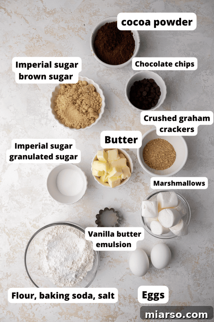 Ingredients laid out for Crumbl S'mores Brownie Cookies
