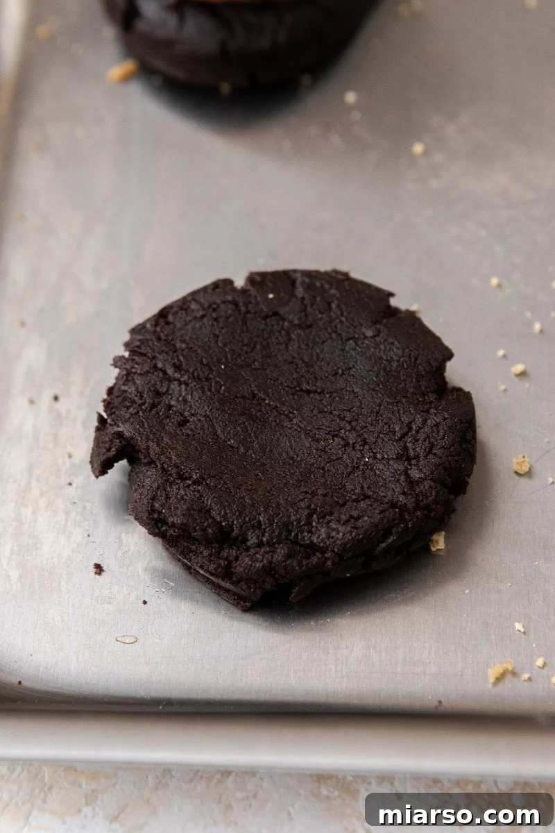 Chocolate cookie dough layer on parchment paper
