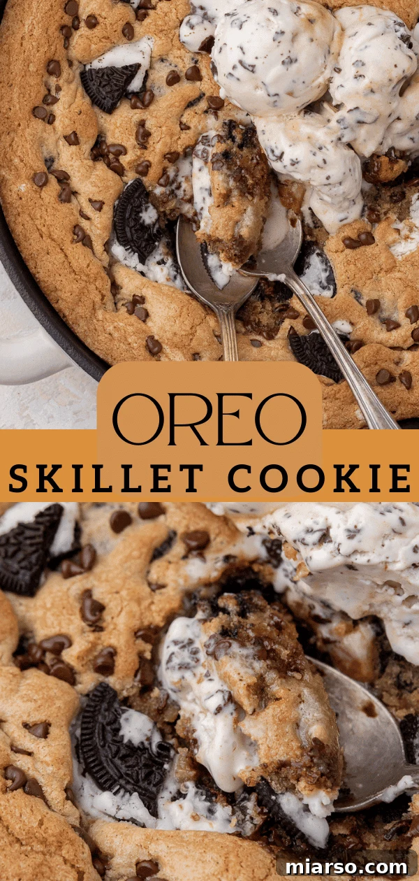 Effortless Giant Oreo Skillet Cookie 13 A perfectly baked cookies and cream skillet cookie, showcasing its rich texture and topping, ready for pinning.