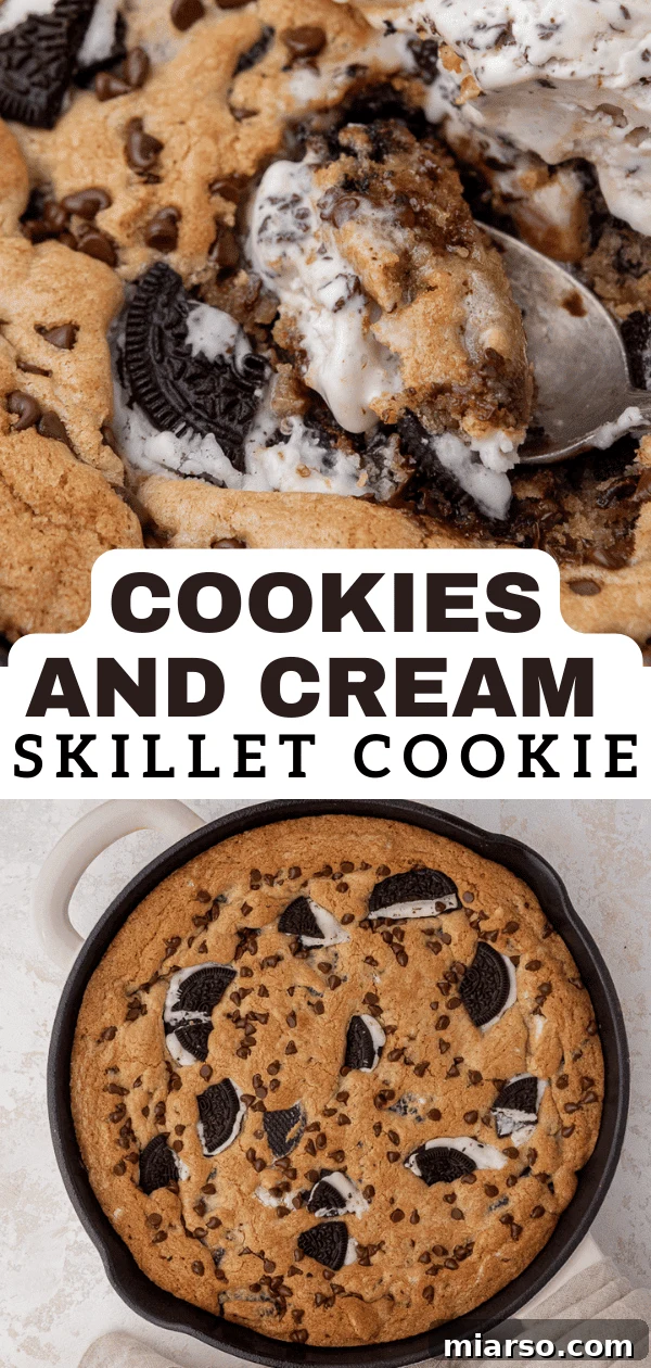 Effortless Giant Oreo Skillet Cookie 14 Another enticing angle of the cookies and cream skillet cookie, emphasizing its gooey center and crisp edges.