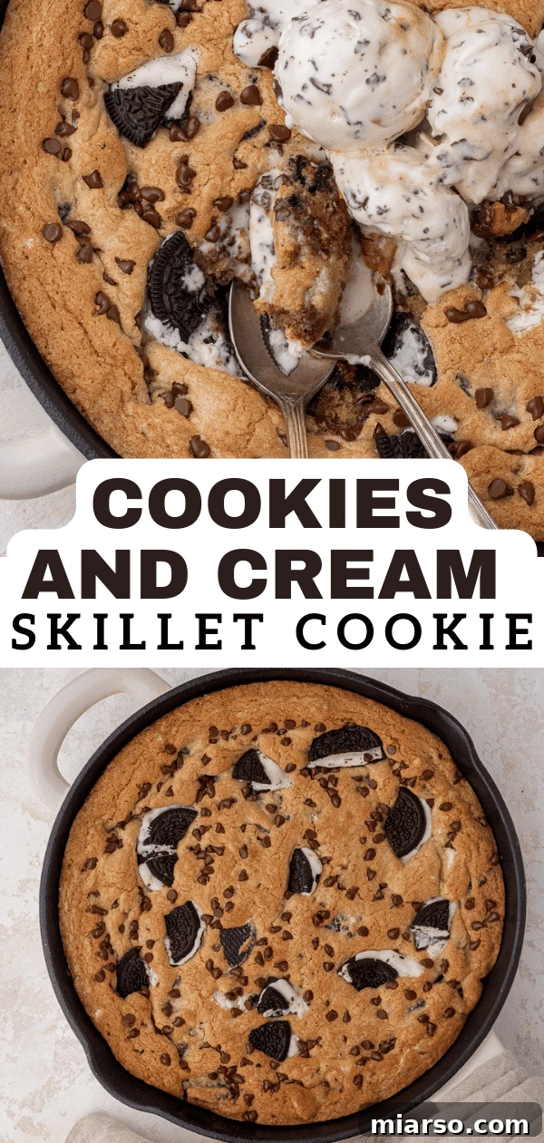 Effortless Giant Oreo Skillet Cookie 15 A vibrant, close-up shot of the cookies and cream skillet cookie, ideal for sharing and pinning on social media.