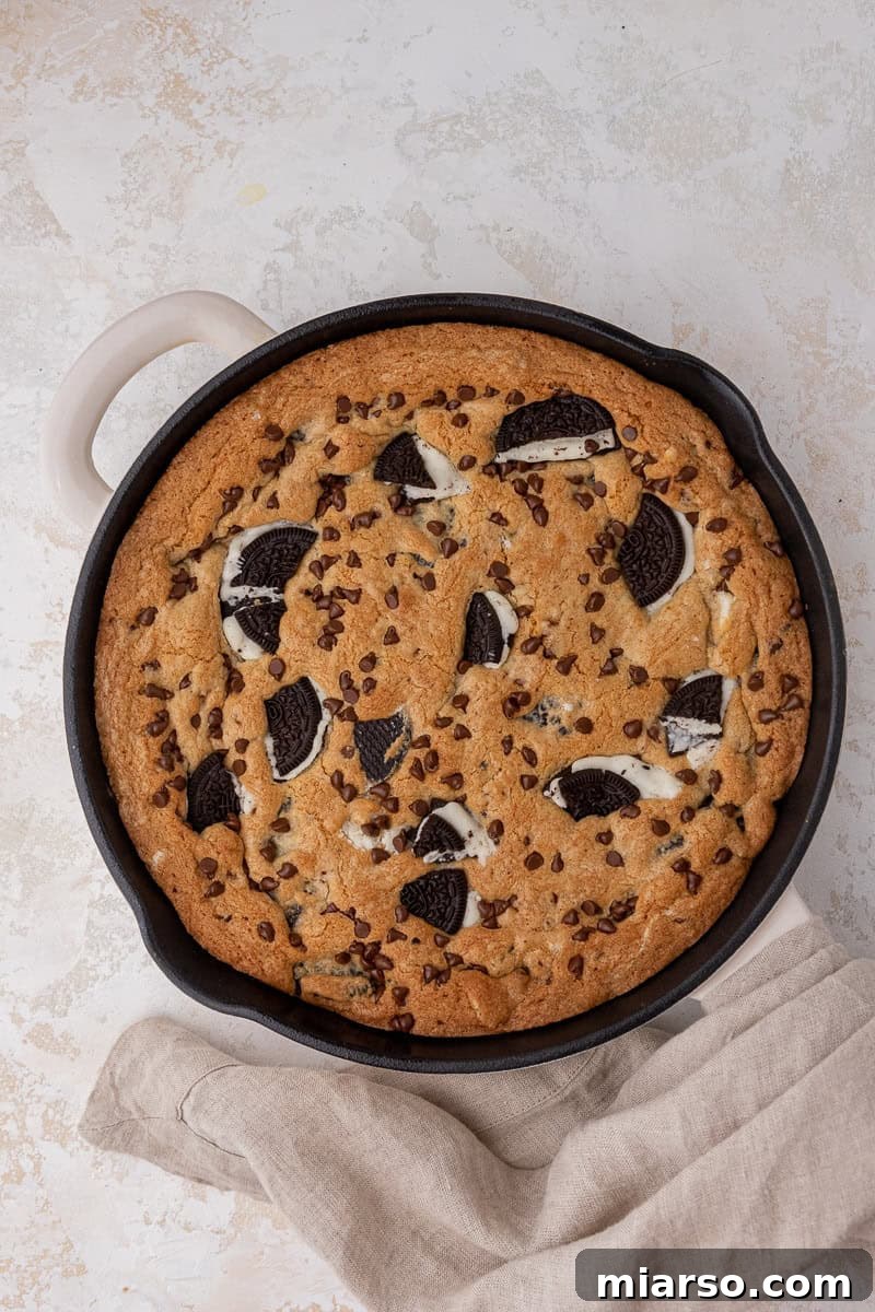 Effortless Giant Oreo Skillet Cookie 8 The cookies and cream skillet cookie freshly baked, golden brown on the edges and perfectly gooey in the center.