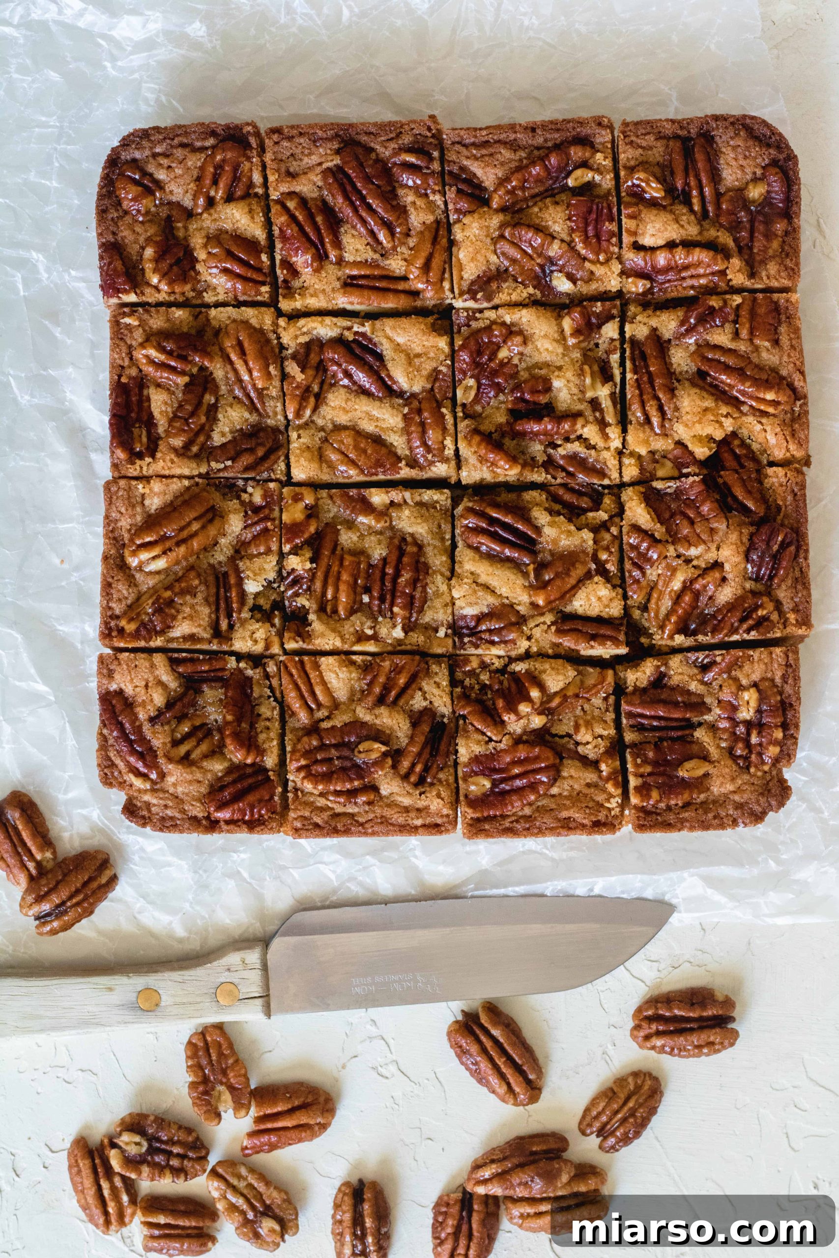 Neatly sliced brown butter blondies, ready for serving.