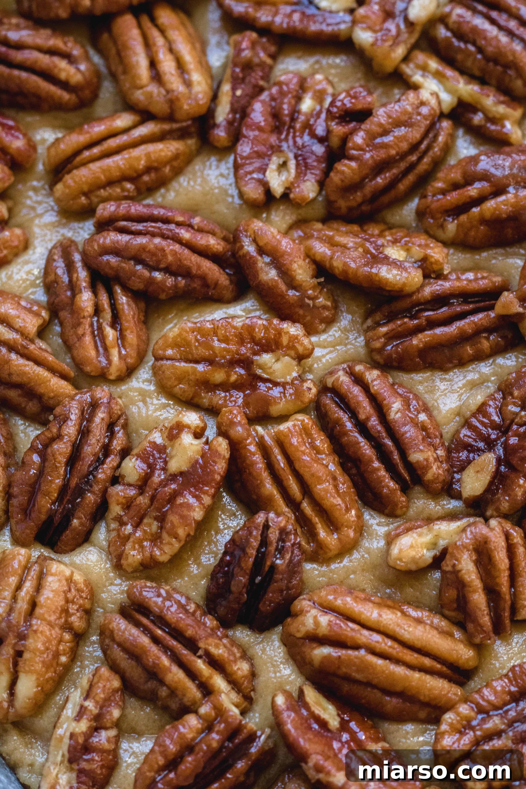 Close-up of golden brown butter candied pecan blondies on a cooling rack, showcasing their texture.