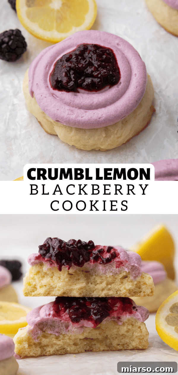 Close-up pin image of Crumbl lemon blackberry cookies with frosting