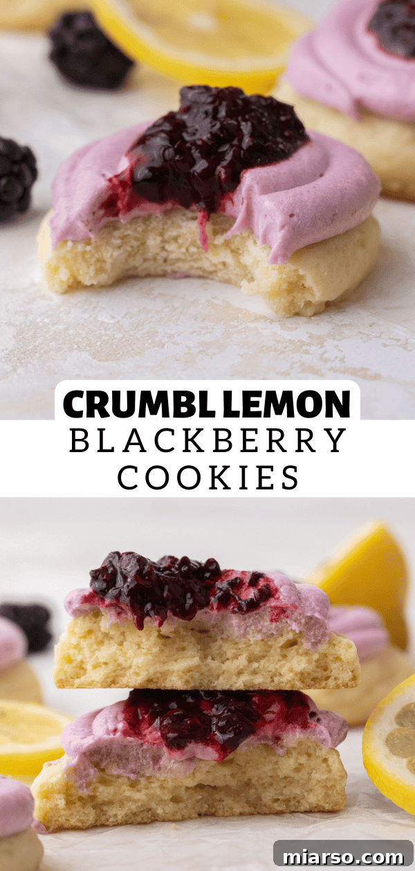 Artistic pin image of stacked Crumbl lemon blackberry cookies