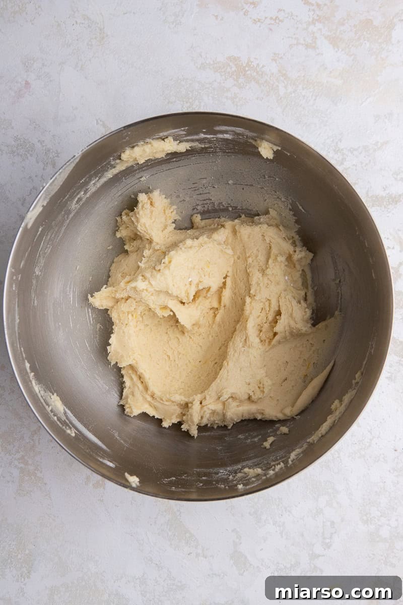 Cookie dough in a bowl, perfectly mixed and ready to be scooped
