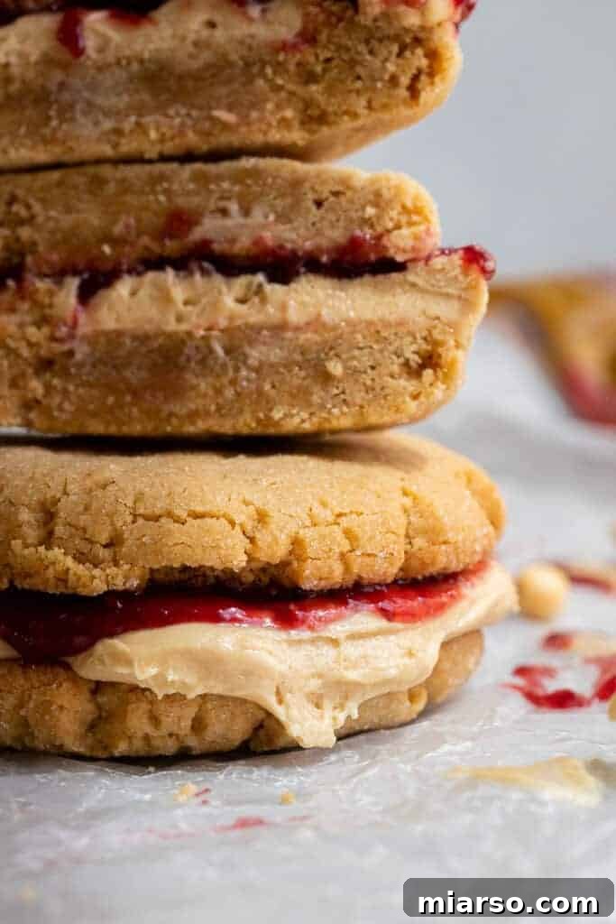 Ultimate Peanut Butter and Jelly Cookie Sandwich 2 Close up of peanut butter and jelly cookies