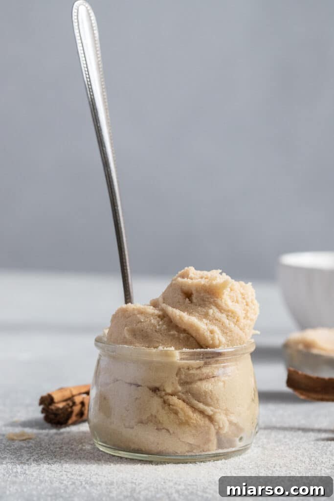 Stored snickerdoodle cookie dough in an airtight container