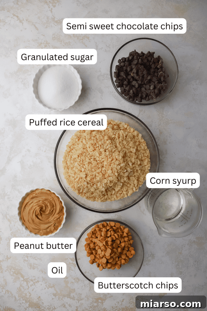 Various ingredients for making Scotcharoos laid out on a table, including rice krispies, peanut butter, corn syrup, sugar, chocolate chips, and butterscotch chips.