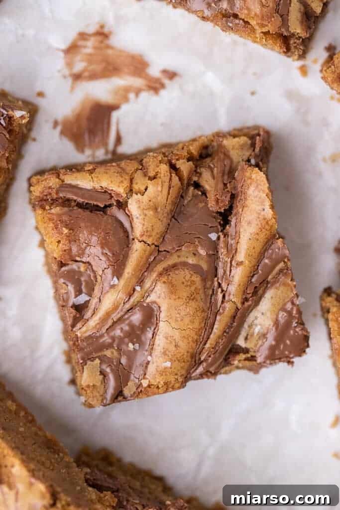 Decadent Nutella Swirl Blondies 11 Close-up of baked Nutella brown butter blondies, highlighting the inviting swirls and texture