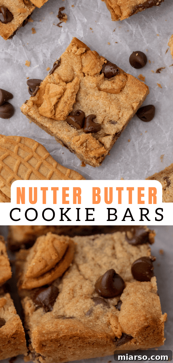 Nutter butter bars with recipe details on an image.