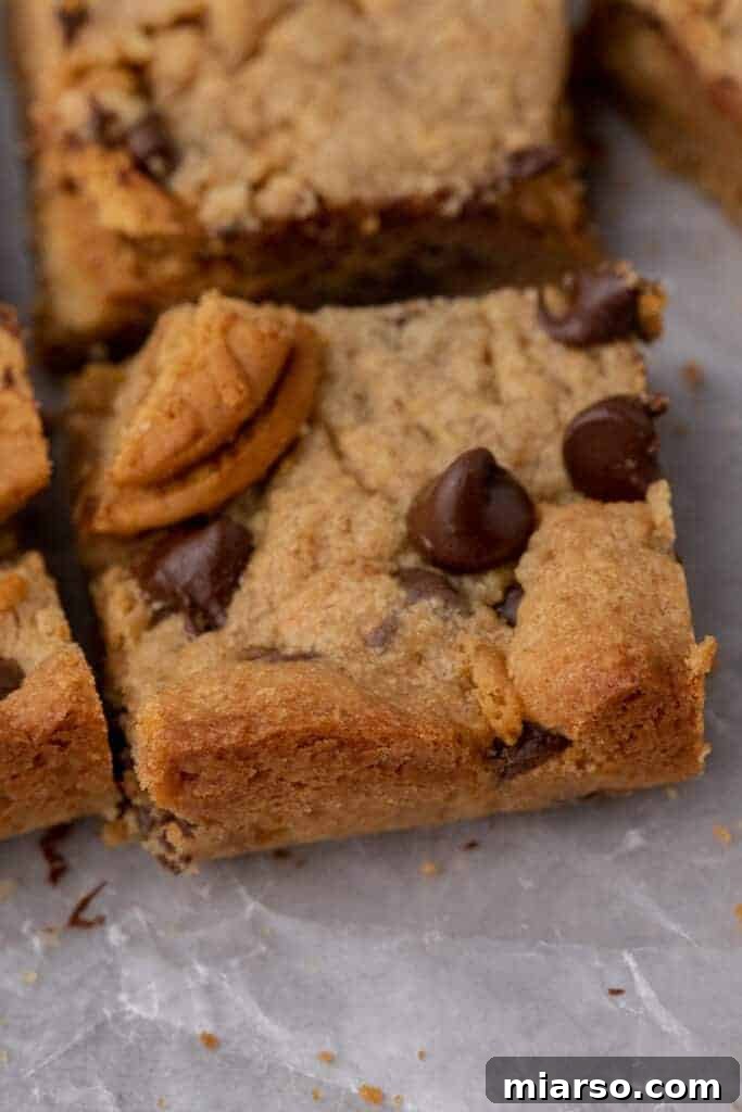 Close up of a slice of Nutter Butter cookie bar, showing the texture and embedded cookies.