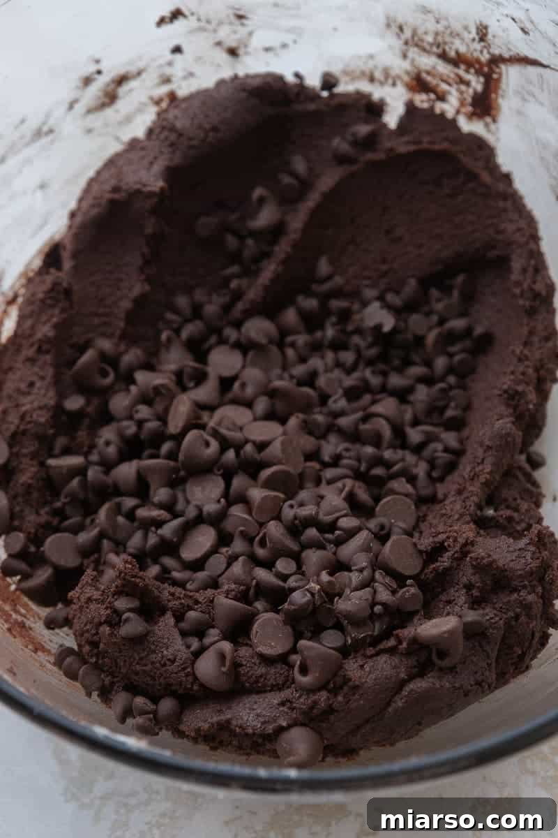 Brownie batter with chocolate chips being mixed