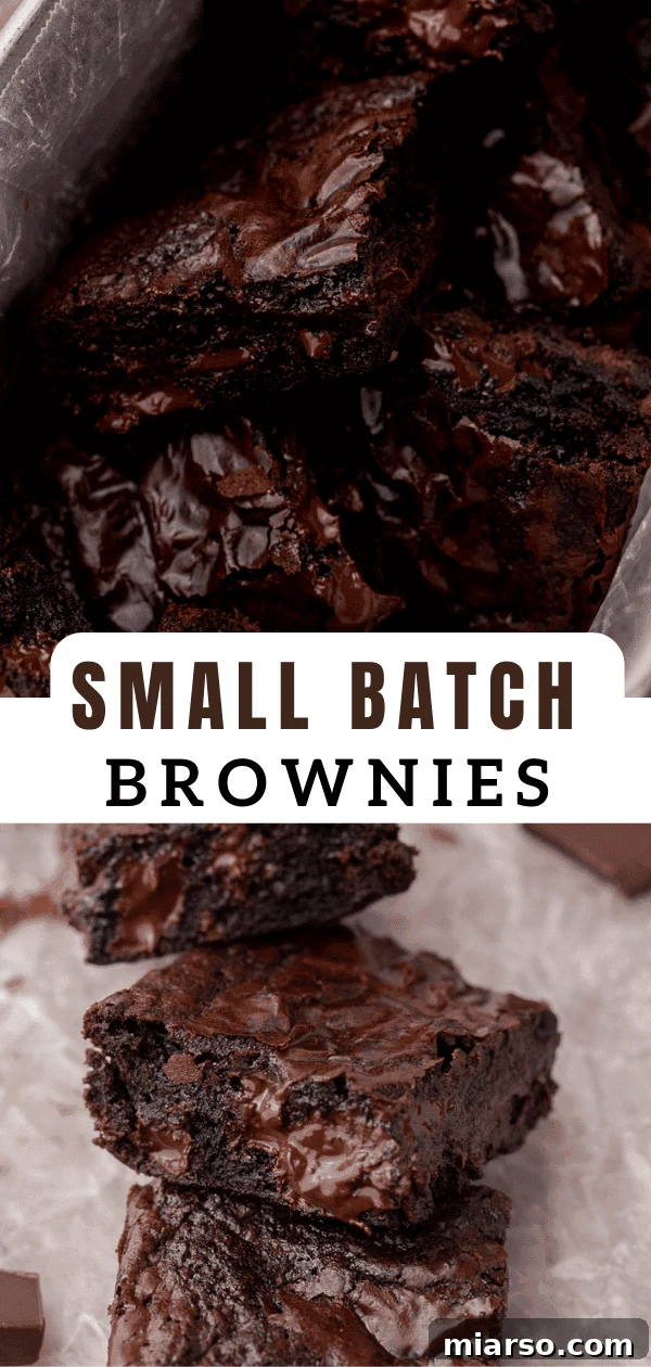 Perfectly chewy small batch brownies close-up for pinning