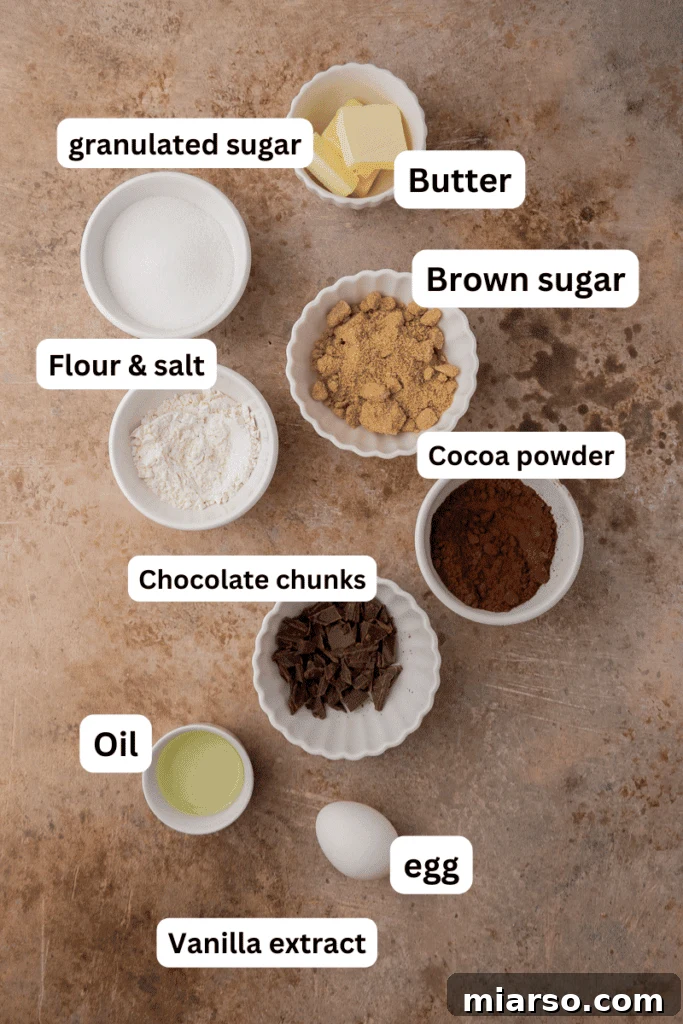 Ingredients for small batch brownies laid out on a countertop