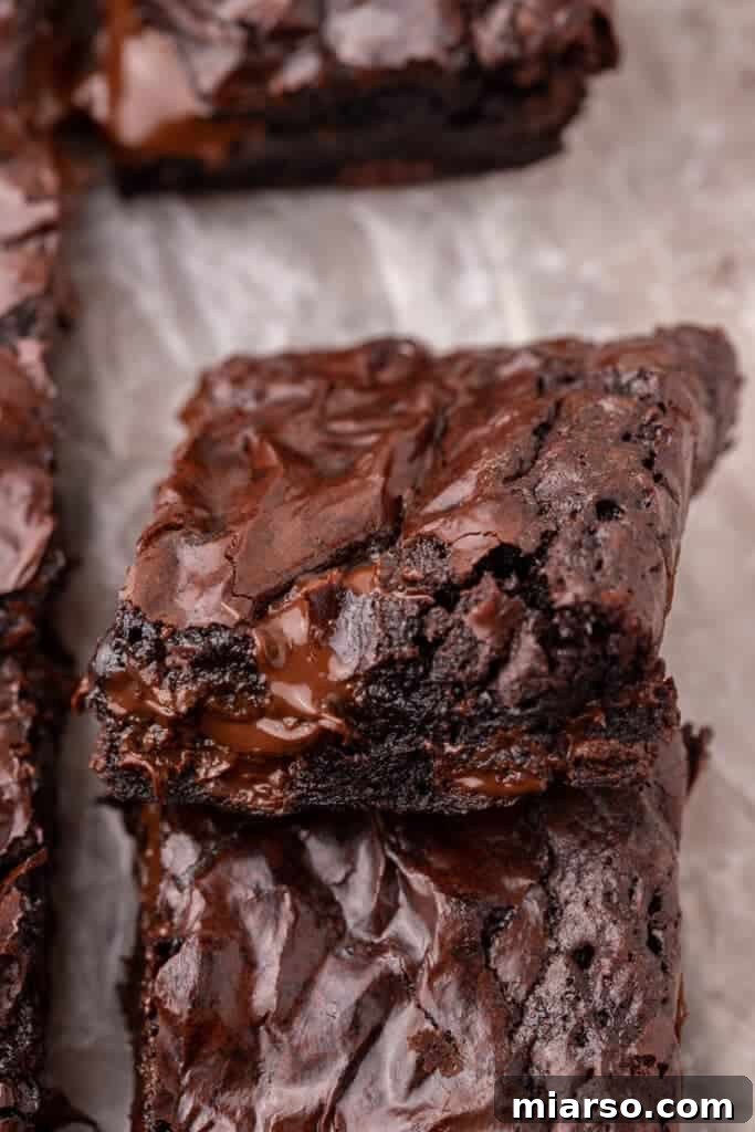 Close-up of a fudgy brownie slice with melted chocolate