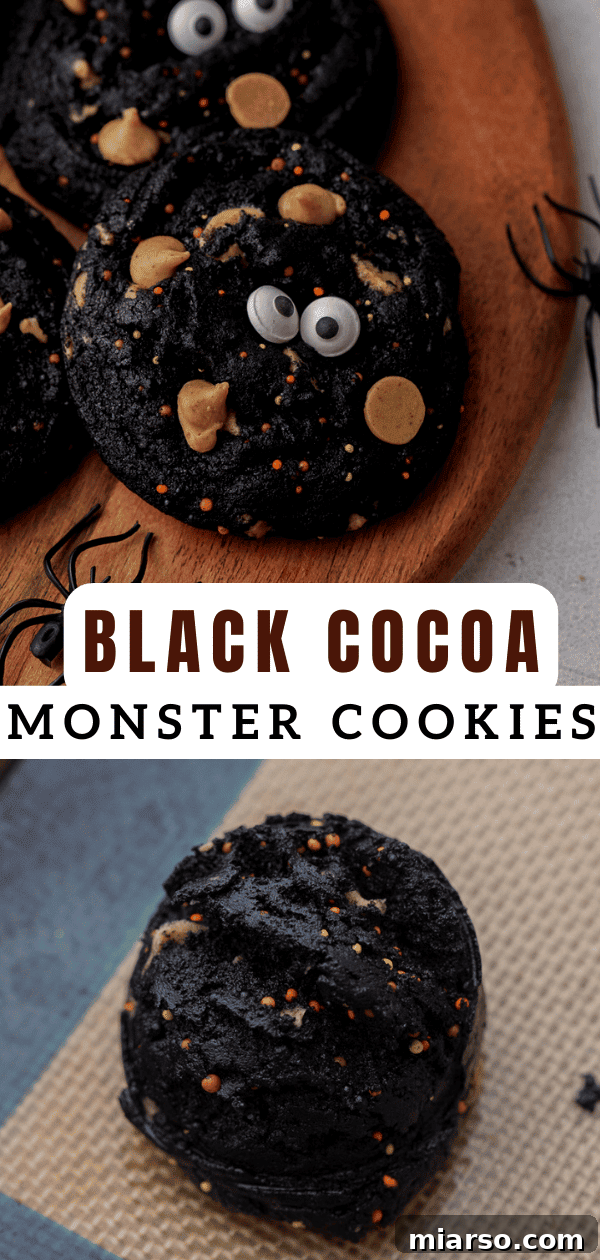 Close-up of black cocoa monster cookies with vibrant sprinkles and edible eyeballs, perfect for a Halloween treat.