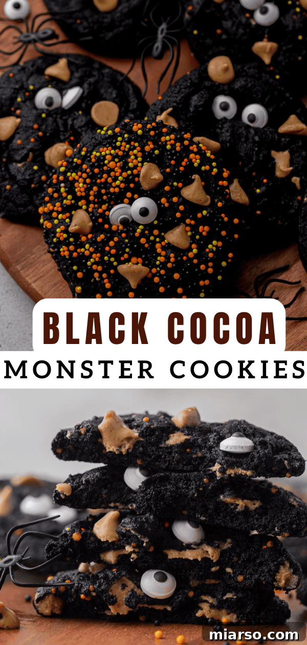 A second angle of delicious black cocoa monster cookies with spooky eye candies, ideal for Halloween parties.