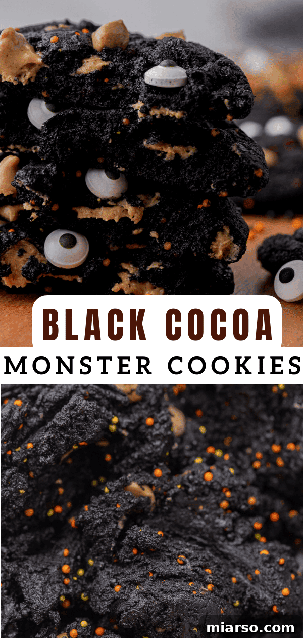Another image of black cocoa monster cookies, highlighting their dark color and festive decorations.
