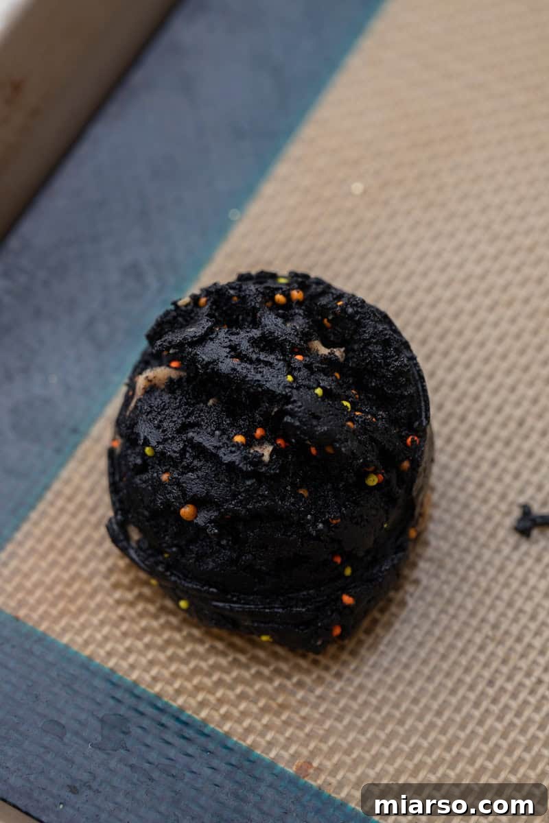 A perfectly round ball of black cookie dough on a baking sheet.
