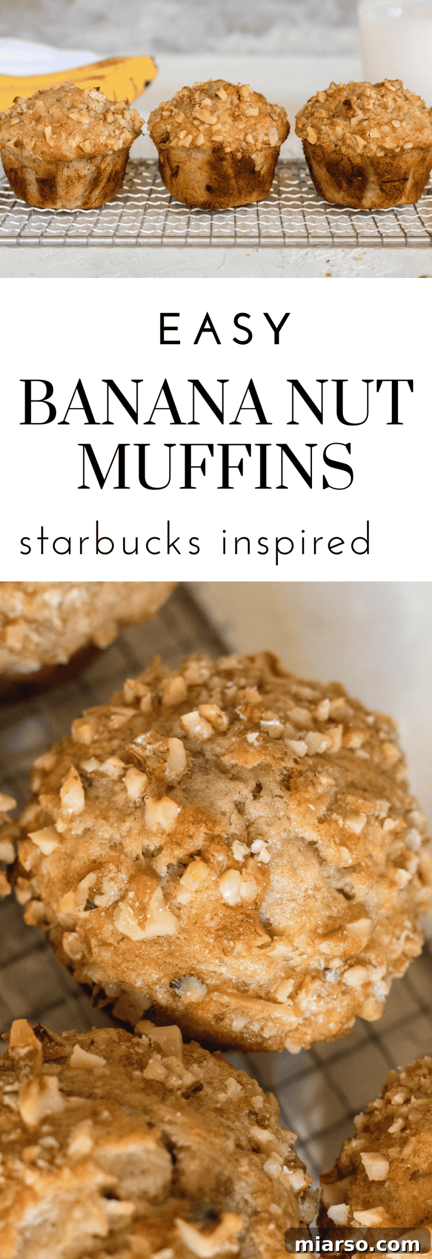 Bakery-Style Banana Walnut Muffins 26 Pin this recipe: A perfectly baked sky-high banana walnut muffin close-up