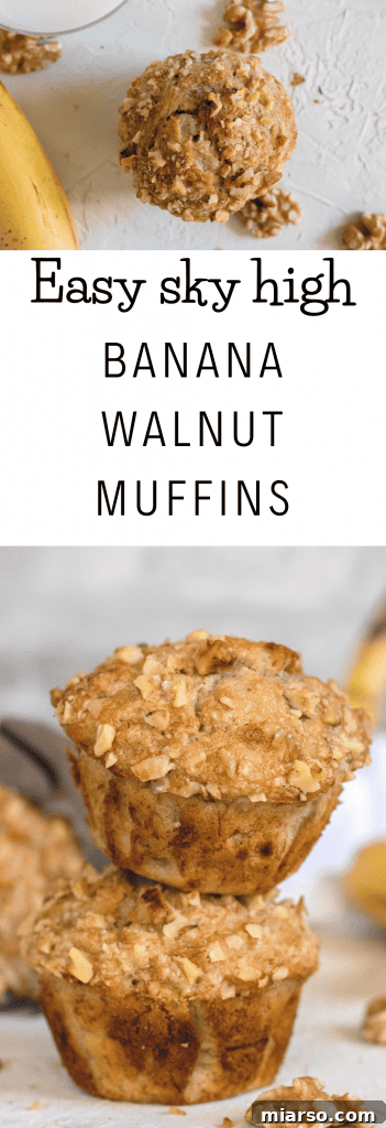 Bakery-Style Banana Walnut Muffins 27 Easy banana walnut muffin recipe pin, showcasing tall muffins