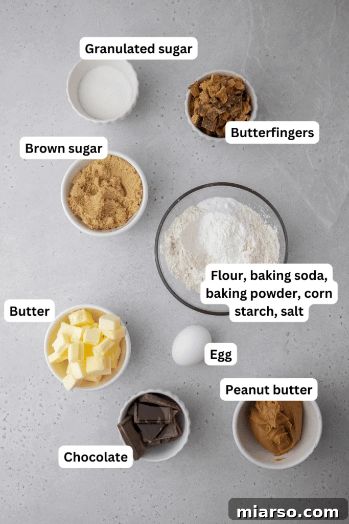 Ultimate Soft and Chewy Butterfinger Cookies 3 Ingredients for cookies including peanut butter, butter, sugars, flour, chocolate, and candy