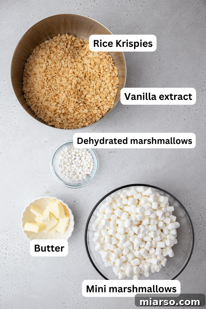 A collection of essential ingredients for making Rice Krispies bar cookies, neatly arranged on a kitchen countertop.
