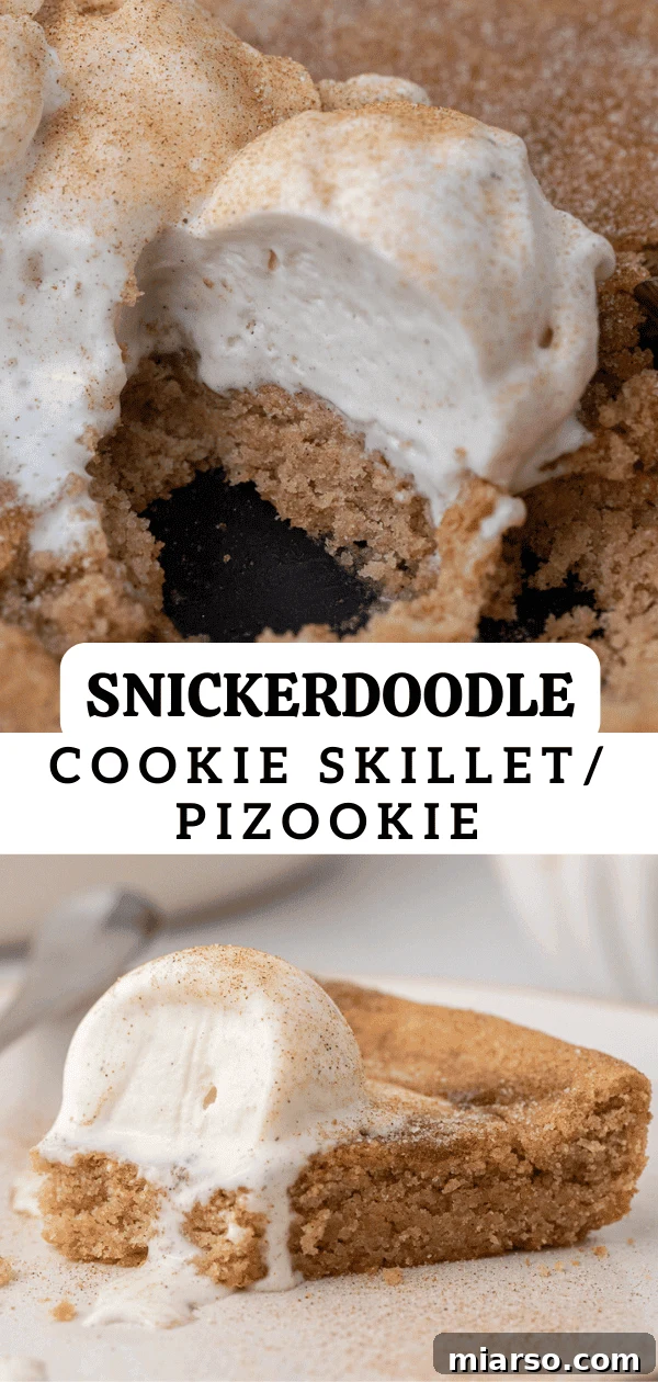 Another enticing view of a Snickerdoodle pizookie in its skillet, emphasizing its warmth and comforting appeal.