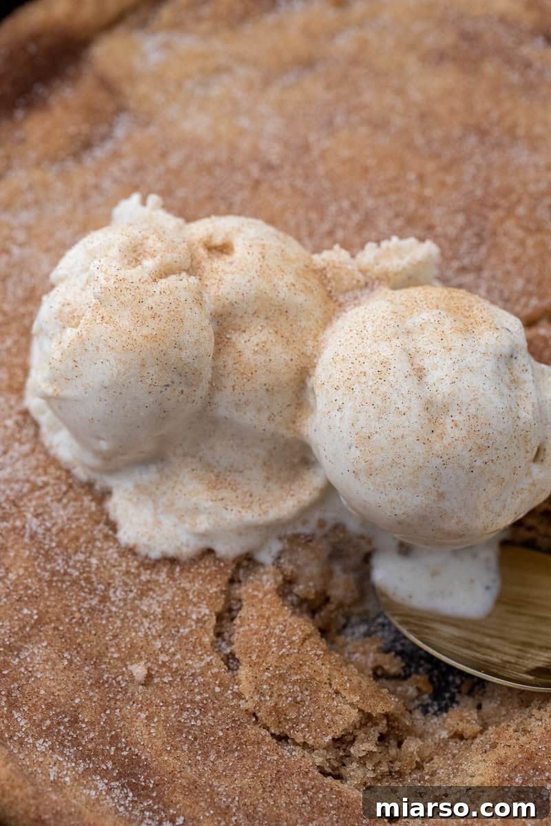 A warm Snickerdoodle skillet cookie adorned with melting vanilla ice cream and a rich caramel drizzle, served in a cast iron pan.