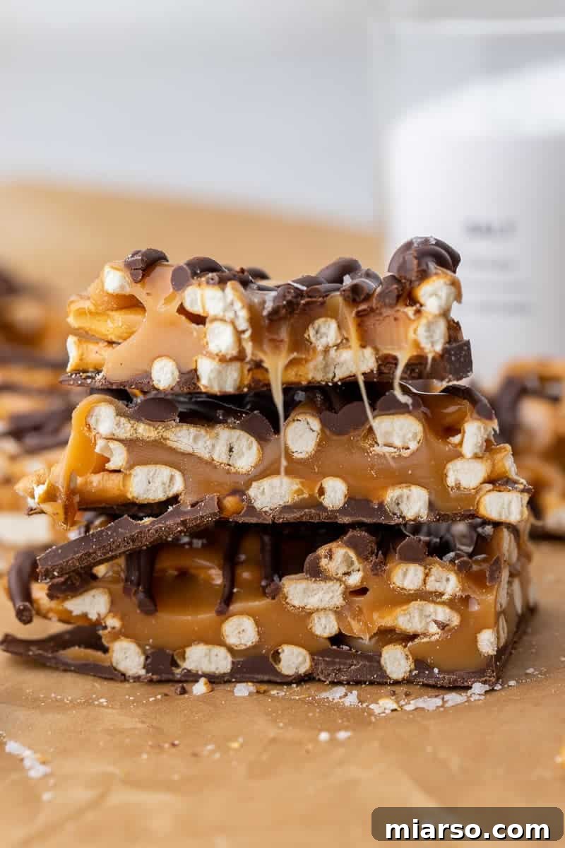 Decadent Salted Caramel Pretzel Bark 10 Stack of caramel pretzel bark