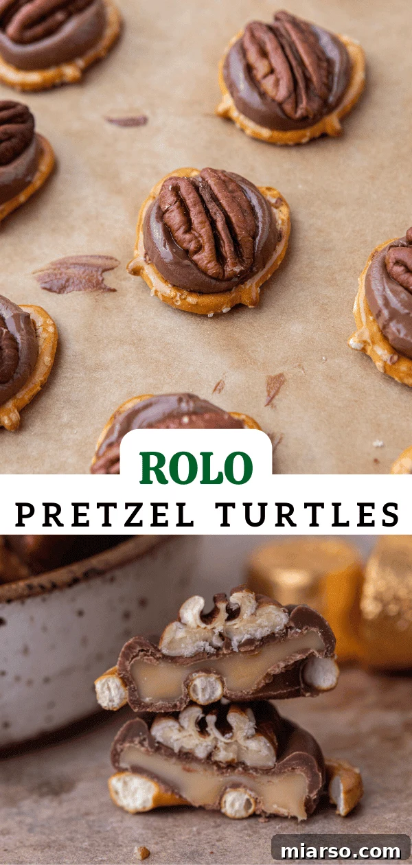 Vertical shot of Rolo Pretzel Turtles, perfect for Pinterest pinning.