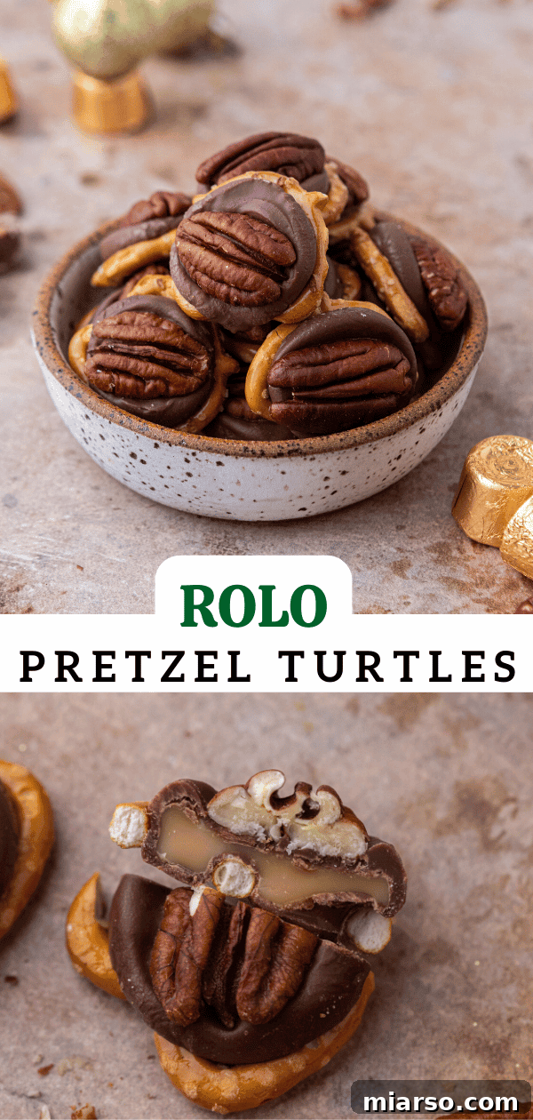 Another vertical image of Rolo Pretzel Turtles for social sharing.