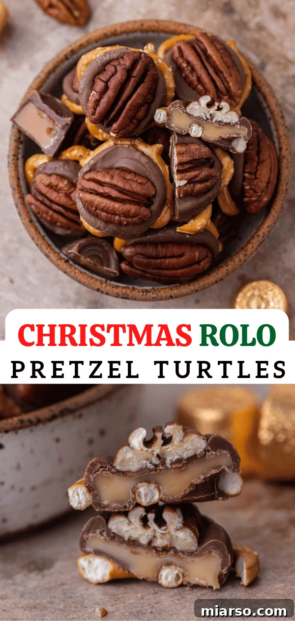 Styled photo of Rolo Pretzel Turtles, ideal for a recipe card or pin.