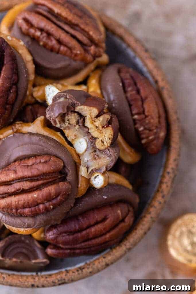 Close-up of Rolo Pretzel Turtles arranged artfully, highlighting the texture and appeal.
