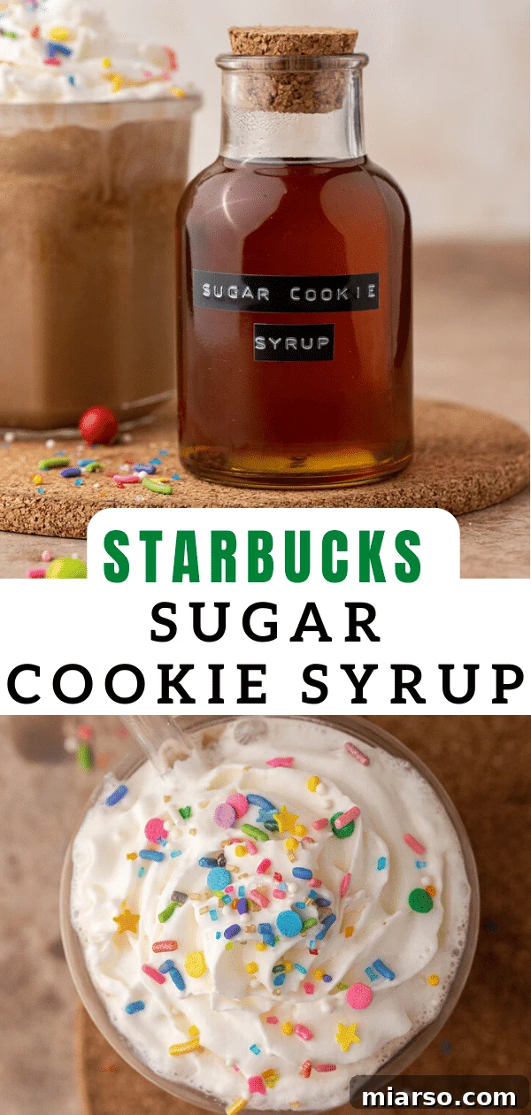 A Pinterest-optimized image showcasing the homemade sugar cookie syrup in a festive setting, perfect for holiday coffee drinks.
