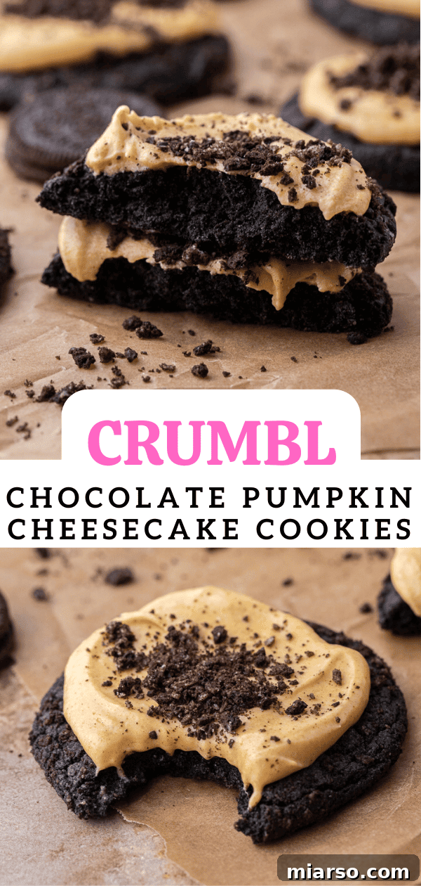 Decadent Crumbl Chocolate Pumpkin Cheesecake Cookies 18 Save this recipe: Homemade chocolate pumpkin cheesecake cookies