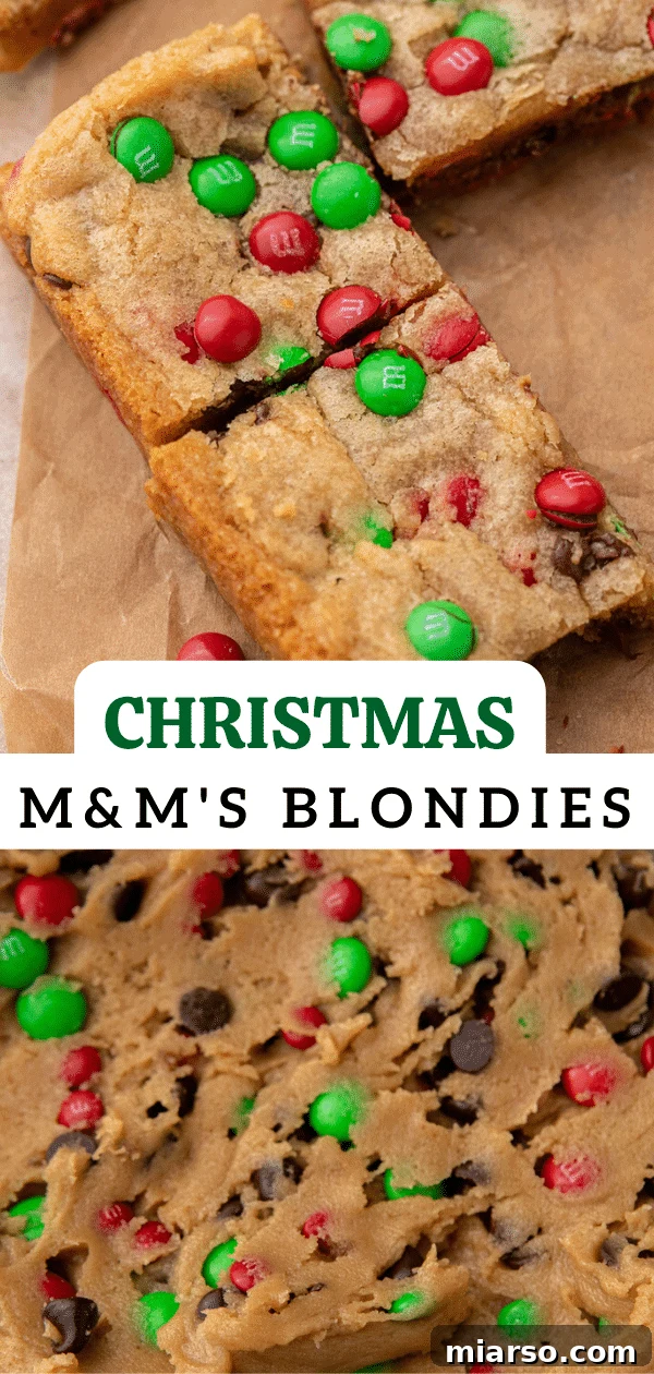 Irresistible Holiday M&M's Blondies 17 Close-up of a festive square of Christmas M&M blondies with a delicious texture