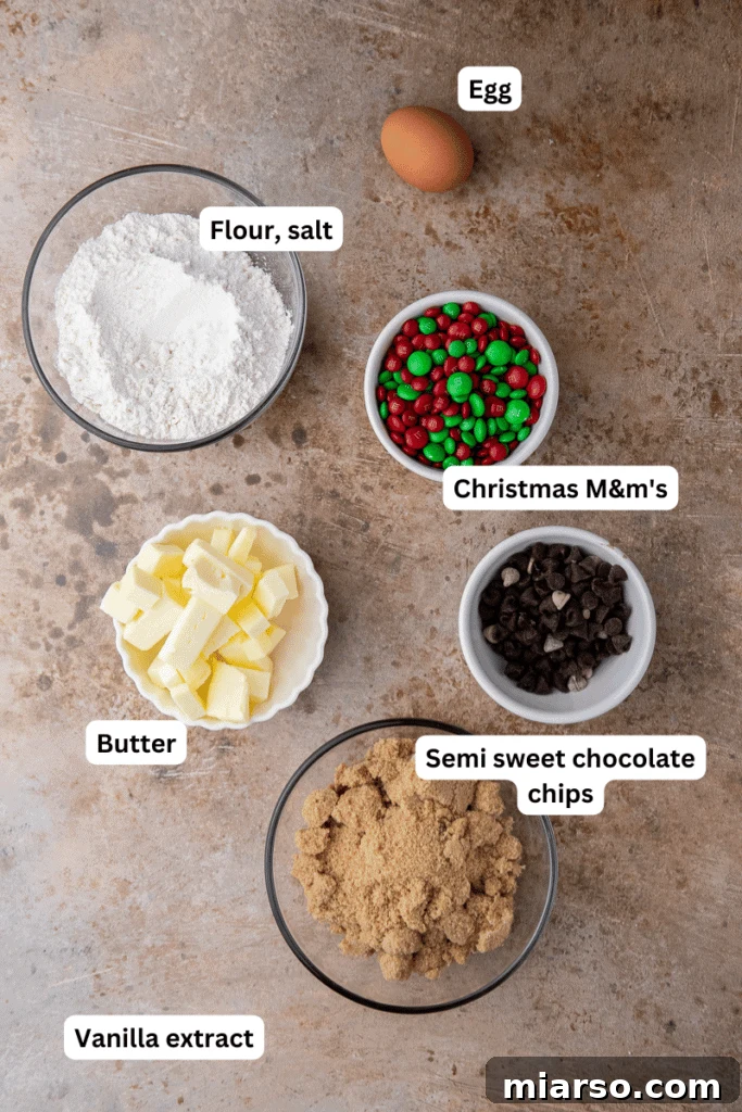 Irresistible Holiday M&M's Blondies 3 Various baking ingredients laid out on a kitchen counter, ready for use