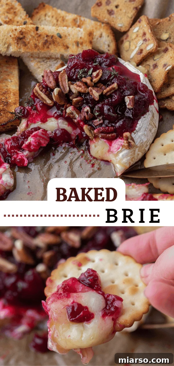 Pinterest Pin image featuring baked brie with various toppings on a festive board