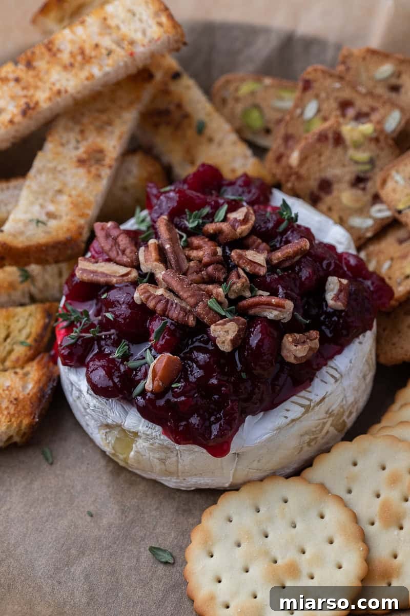Baked Brie Topped with Cranberry Sauce, Pecans, and Thyme