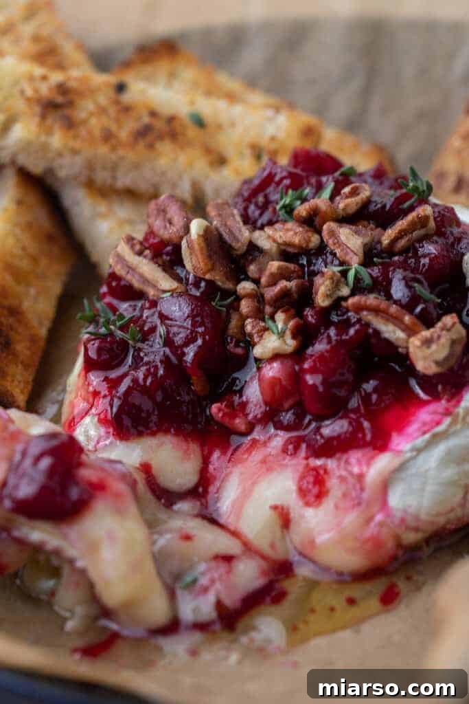 Close-up of baked brie with cheese oozing out, served with bread