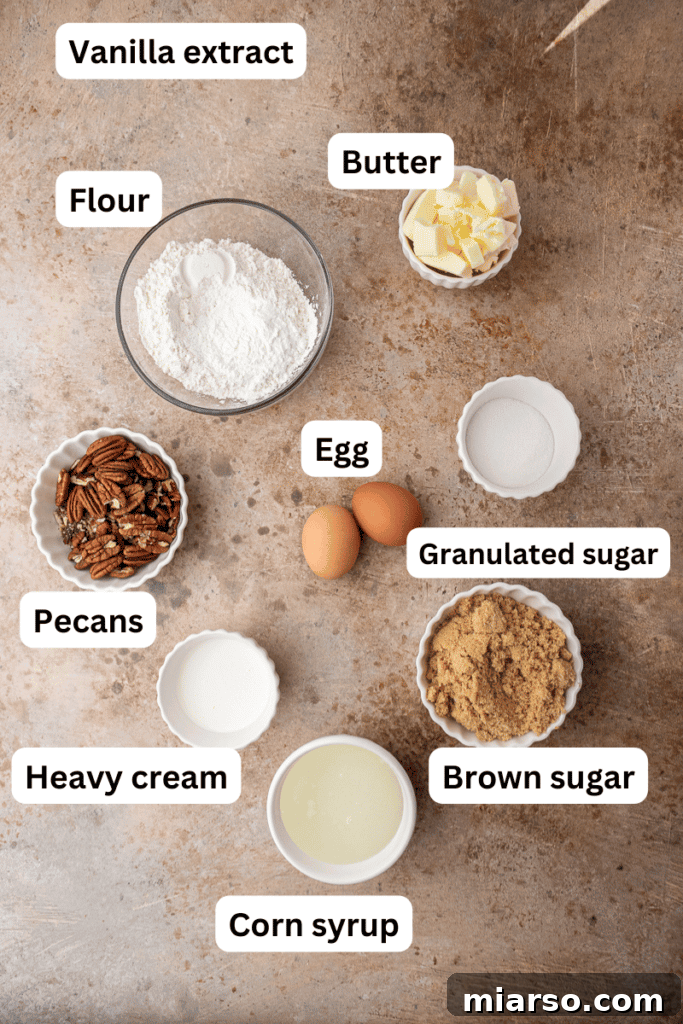 Fresh ingredients for pecan pie bars laid out on a kitchen counter.